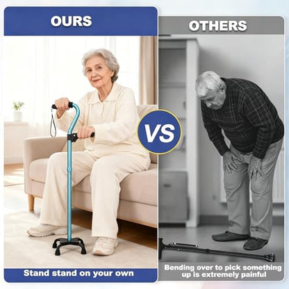 Stand Secure Cane with Stand Up Assist Handle for Elderly, 4 Prong Adjustable Walking Canes for Seniors Women and Men, Non-Slip Wide Base, Aluminum Foldable Stand Cane - color: Light Blue