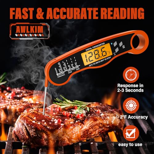AWLKIM Meat Thermometer Digital, Instant Read Food Thermometer, Orange | Waterproof cooking thermometer with doneness chart, backlight, F/C switch for BBQ, candy, oil - color: Orange