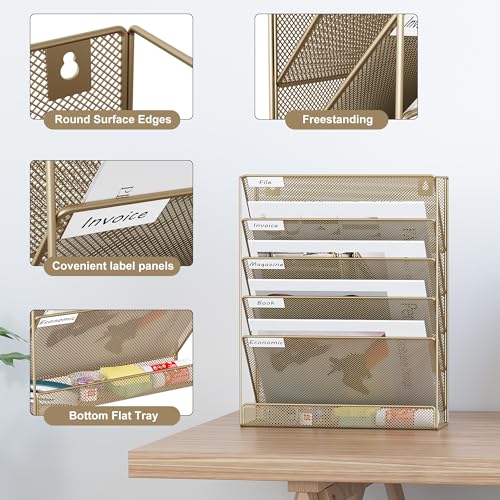 EasyPAG 5 Tier Wall File Holder, Mesh Hanging Folder Organizer with Classify Label, Versatile Desk File Holder, Vertical Wall Mounted Mail Organizer for Office Home Cubicle, Gold - color: Gold