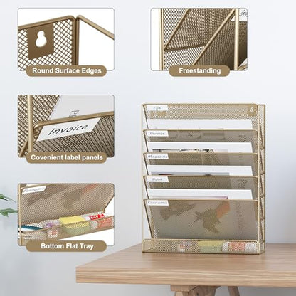 EasyPAG 5 Tier Wall File Holder, Mesh Hanging Folder Organizer with Classify Label, Versatile Desk File Holder, Vertical Wall Mounted Mail Organizer for Office Home Cubicle, Gold - color: Gold