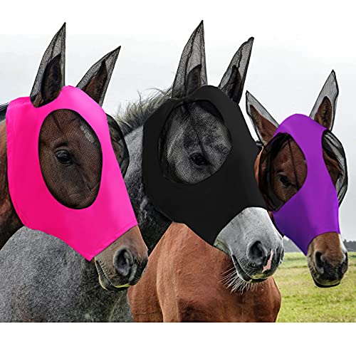 Weewooday 3 Pcs Horse Fly Mask with Ears UV Protection Full Face Fly Masks for Horses Elastic Smooth Breathable Comfortable Fit for All-Day(L,Purple, Black, Pink) - color: Purple, Black, Pink, size: L