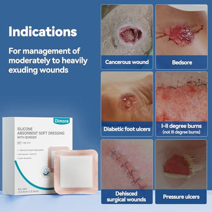 Dimora 20 Count Silicone Super Absorbent Wound Dressing - Gentle Border 5" x 5" Adhesive Bandages for Diabetic Foot Ulcers, Heavy Exudate Wound Care Pads with Ultrasorb Polymer - size: 5"x 5" - 20 pcs