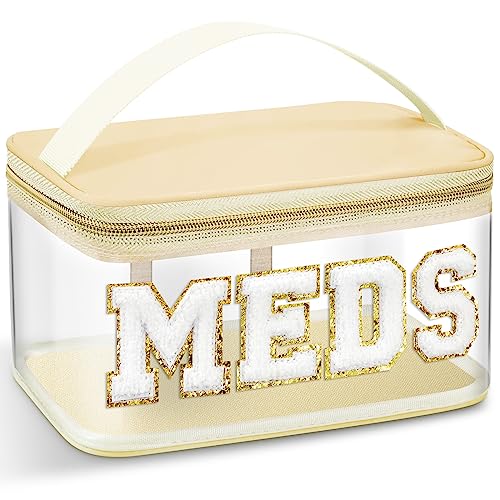 Geetery Chenille Letter Bag, Meds Bag, Large Medication Travel Cases, Nylon Beige Makeup Portable Pouch, Cheerleader Gifts for Women(Beige, Meds) - color: Beige, style: Meds