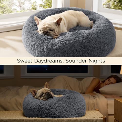 Bedsure Calming Cat Beds Donut Round Washable Kitten Bed,20 inches Darkgrey | Fluffy Faux Fur Cuddler,Machine Washable,Anti-Slip Bottom,Anti-Anxiety,Deep Sleeping for Cats&Small Pets Up to 15 Lbs - color: Dark Grey, size: 20"L x 20"W x 6"Th