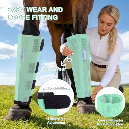 Fly Boots for Horses Set of 4, Loose Fitting Mesh Horse Fly Boots Leggings, Reduce-Stomping Adjustable Equine Leg Wraps & Socks, Stay Up Not Sag, No Rub (Mint) - color: Mint