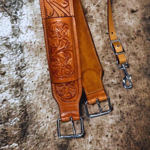 Hulara Western Carved Leather Rear Flank Back Saddle Girth Cinch Belt with Bucking Strap Comfytack |Premium Flank Cinch Belt Leather Horse Girth - color: Tan Flower