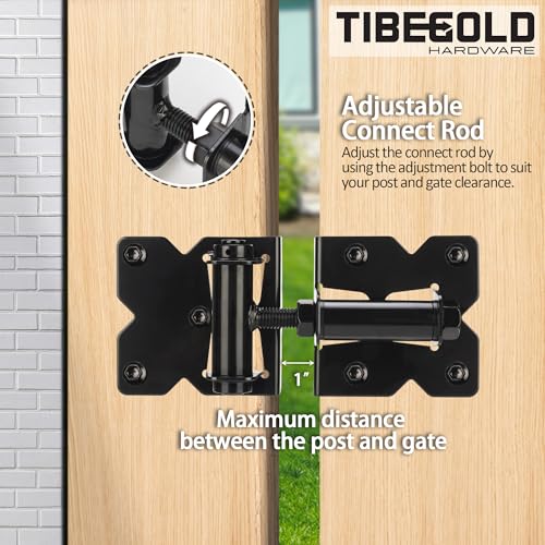 Self Closing Gate Hinges, Heavy Duty Hardware for Outdoor Vinyl/Woodn Fence Gates, 90 Degree Adjustable Gate Hinges Kit, Black Self Closing Hardware with Screw Kits and Swing Adjuster Tool, 2 Pack