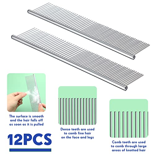 Lallisa 12 Pcs Stainless Steel Dog & Cat Comb, Metal Grooming Tool for Removing Knots, Long and Short Haired Pets Including Dogs, Cats & Others, 7.48 Inch