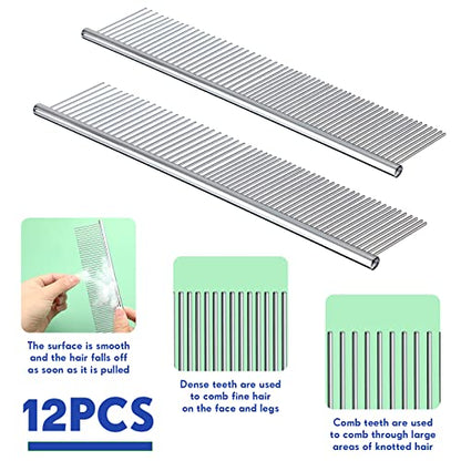 Lallisa 12 Pcs Stainless Steel Dog & Cat Comb, Metal Grooming Tool for Removing Knots, Long and Short Haired Pets Including Dogs, Cats & Others, 7.48 Inch