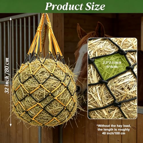 3 Pack Slow Feed Hay Nets for Horses, 25.6×23.6in Hanging Horse Hay Feeder Bags, 2.36×2.36in Mesh Polypropylene Hay Nets with Hooks & Gloves for Goat Sheep Livestock Stable Trailer Pasture