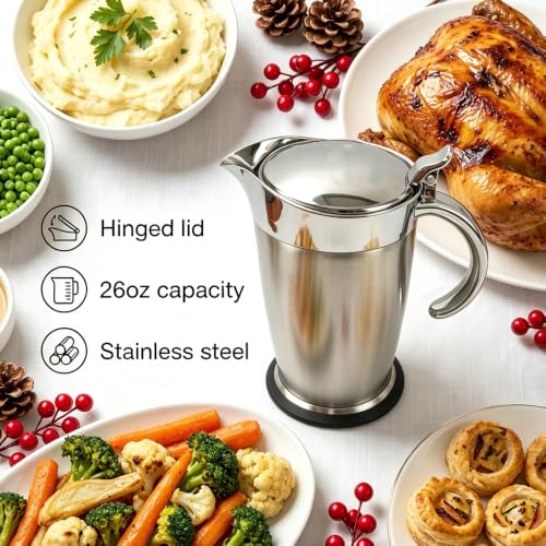 Double Insulated Gravy Boat - Stainless Steel Sauce Jug with Hinged Lid Hinged Lid Ideal for Gravy or Cream at Thanksgiving (750ML/26 OZ silver) - color: 750ML/26 OZ silver