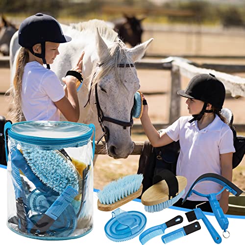 Cunhill 9 Pcs Horse Grooming Kit with Bag Curry Brushes,Cute,Blue - color: Blue, style: Cute