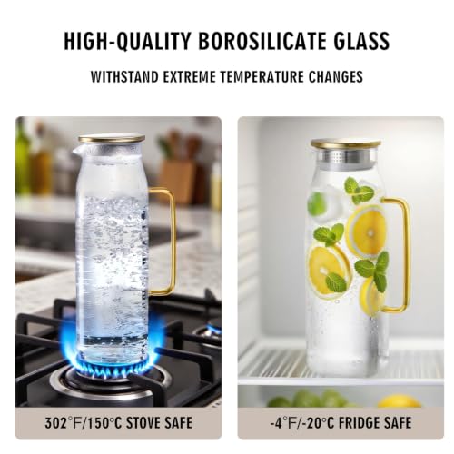 GLASKEY 74oz Square Glass Pitcher with Lid and Handle for Fridge,Borosilicate Glass Carafe for Hot or Cold Drink, Large Jug for Iced Tea,Coffee,Juice,Homemade Beverage (Gold) - size: 74 Ounces
