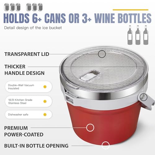 COKTIK 7L Vacuum Insulated Ice Bucket with Lid and Scoop& Tongs，Large capacity Stainless Steel Beverage Bucket for Cocktail, Champagne, Wine, Beer，Large Parties（Red Suit） - color: Red Suit