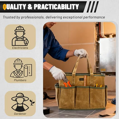 16OZ Waxed Canvas Tool Tote Bag | Large-Capacity Tool Storage Tote with 10 External Pockets | Multi-Purpose Garden Tool Carrier for Gardening, Wrench, and Carpentry Tools – Khaki - color: Khaki
