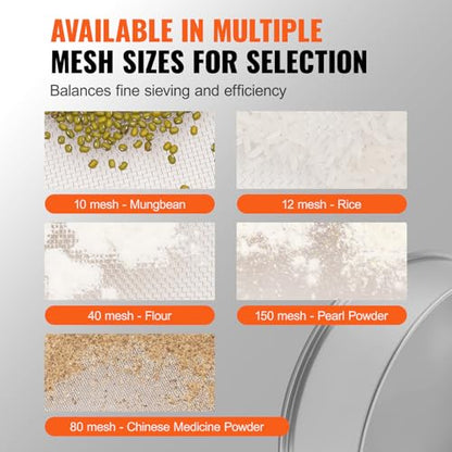 VEVOR Flour Sieve Fine Mesh, 40 Mesh Sifter, 304 Stainless Steel Sifter Food-grade, Dia. 12.6" Fine Mesh Strainers for Baking, 5 Sizes Mesh hole for Mungbean, Rice, Flour, Pearl Powder - style: 40 Mesh