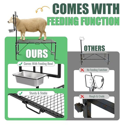 600LBS Milking Stand for Goat, Adjustable Sheep Rack with Feeder, Metal Livestock Milk Stand Fit for Shearing, Hoof Trimming, Animal Examinel Examination, Stainless Steel (Black) - color: Black