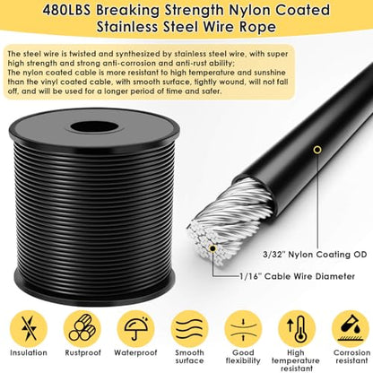 Flasoo 215Pcs String Light Hanging Kit, Outdoor Light Guide Wire Rope with 240FT Nylon Coated 304 Stainless Steel Cable, Turnbuckle, Hooks and Enough Accessories