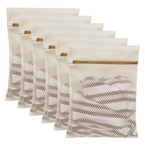 6 Pcs Durable Honeycomb Mesh Laundry Bags for Delicates (6 M Beige) - color: 6 M Beige
