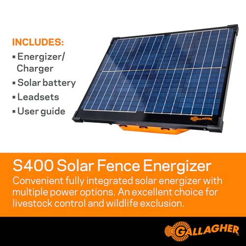 Gallagher S400 Solar Electric Fence Charger | 4.0 Joule Solar Powered Energizer | Powers Up to 60 Miles / 280 Acres of Fence | Livestock and Pet Containment | Battery and Leadsets Included
