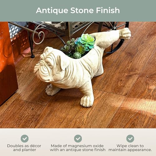 Zeckos Bulldog Animal Planter, 18 Inch Wide White Antique Stone Finish | Magnesium Oxide, Freestanding Display, Drain Hole, 7.5 X 4.25 Inch Opening, 10 Inch Deep - color: Bulldog - White