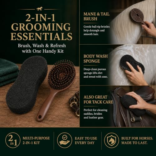 Horse Grooming Kit with Scrubber Sponge & Mane and Tail Brush