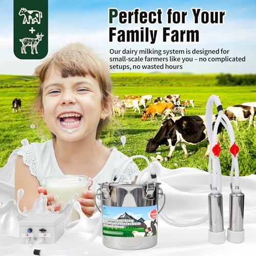 2-in-1 Upgrade 0.8Gal/3L Portable Plug in Milker, Milking Machine for Cows and Goats with Food-Grade Stainless Steel Bucket, 4 Teat Cups and Pulsation Vacuum System for Farm, Ranch and Home Dairy Use