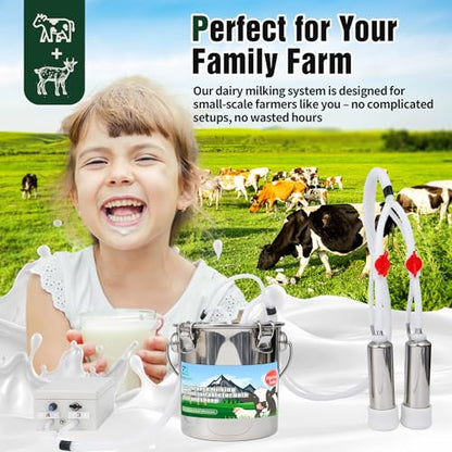 2-in-1 Upgrade 0.8Gal/3L Portable Plug in Milker, Milking Machine for Cows and Goats with Food-Grade Stainless Steel Bucket, 4 Teat Cups and Pulsation Vacuum System for Farm, Ranch and Home Dairy Use