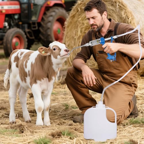 Adjustable Veterinary Metal Feeding Gun: Large Goat Drench Gun - Anti-Bite Metal Head Livestock Self-Feeding Tool - with Bucket for Pigs, Cattle, Sheep, Horses