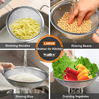 Walfos Large Fine Mesh Strainer 9.35" & 7.8", Stainless Steel Mesh Sieve with Sturdy Handle, Kitchen Metal Food Strainers for Quinoa, Rice, Pasta, Fruits, Vegetables, etc., Set of 2 - size: 9.35", 7.8" (2pcs)