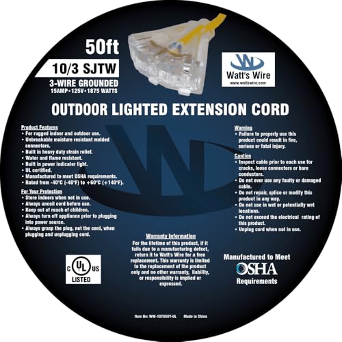 50 ft 10 Gauge Extension Cord - Outdoor Extension Cord - Watt's Wire - size: 50 Ft