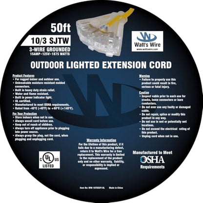 50 ft 10 Gauge Extension Cord - Outdoor Extension Cord - Watt's Wire - size: 50 Ft