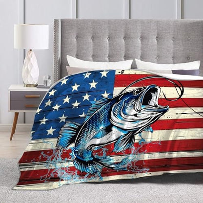 Bass Fish Blanket American Flag Fishing Throw Blanket 50"x40" - color: Bass Fish, size: 50"x40"