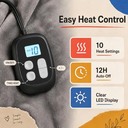 Heated Blanket Electric Blanket King Size 90''x100'' with 10 Heating Levels, 1-12 Hour Auto Shut Off, Machine Washable, Dual Controller Soft Warming Blanket for Couch, Bed, Office - Light Grey - color: 01-light Grey, size: 90''x100''(King)