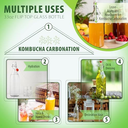 Flip Top Glass Bottle [1 Liter / 33 fl. oz.] [Pack of 6] – Swing Brewing with Stopper for Beverages, Oil, Vinegar, Kombucha, Beer, Water, Soda, Kefir Airtight Lid & Leak Proof Cap Clear - size: 33