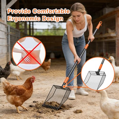 2-in-1 Chicken Poop Scooper & Rake, Heavy Duty Metal Long Handle Poultry Coop Cleaning Tool, Rustproof Manure Shovel with Serrated Edge for Backyard Chicken Ducks