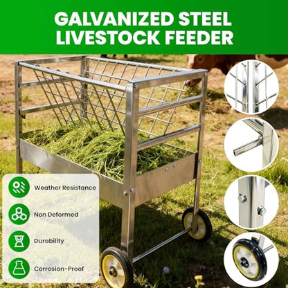 2 in 1 Hay and Grain Feeder on Wheels, Hay Rack with Grain Bin, Galvanized Steel Small Livestock Feeder, Clean Setup for Goats Sheep, Easy Rolling