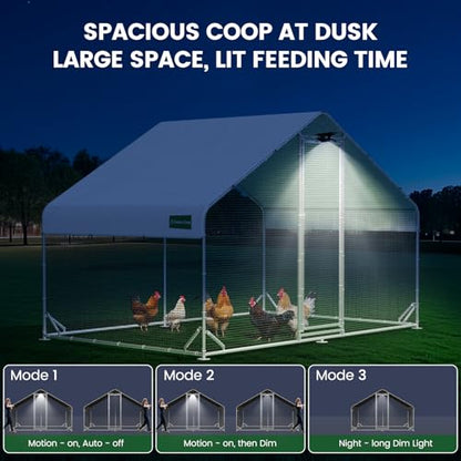 CHIKENCOOP 9.8x6.5x6.5ft Metal Chicken Coop, Hardware Cloth, Solar Light - size: 118.0"L x 80.0"W x 80.01"H