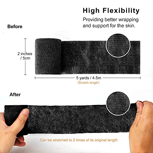 Self Adhesive Bandage Wrap Tattoo Grip Tape 2 inch x 5 Yards Cohesive Bandage Wrap Medical Wrap for Sports & First Aid, Elastic Self Sticking Bandage Tape Vet Wrap for Dogs (2 Inch, 24-Black) - color: 24-black