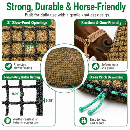6x6 ft Round Bale Hay Net for Horses & Livestock - Slow Feeder Hay Net with 2 inch Mesh, Knotless Design, Durable Heavy-Duty (6 * 6 ft)