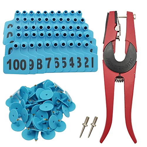 Cattle Ear Tags 201-300, 100Pcs Plastic Livestock Ear Tag for Cows Goats Sheep Pigs with Pliers Applicator & 2 Pins, Animal ID Tags for Ranch Farm Herd Tracking, Laser Print (201-300, Blue) - color: Blue