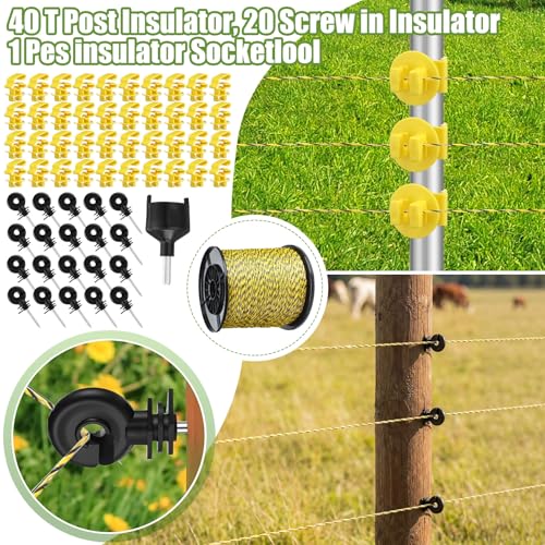 MorningRo 8 Mile Electric Fence for Livestock, 12kv 2j Electric Fence Charger, 3366 ft Polywire, 40 T Post Insulator, 20 Screw in Insulator for Horse Cattle Pasture