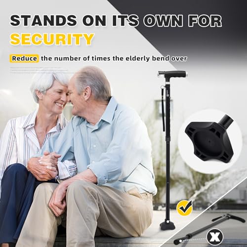 BeneCane Walking Cane for Women Folding Cane for Men with Two Led Lights Quad Cane with Stable Base Lightweight and Adjustable Walking Stick - color: Black