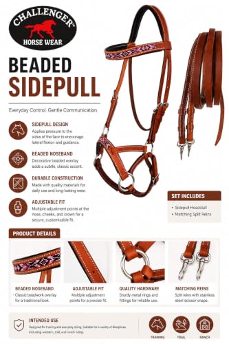 CHALLENGER Horse Western Padded Leather Beaded Bitless Sidepull Bridle Reins 77RT13TN-F