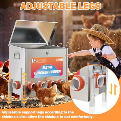85 Pounds Automatic Chicken Feeder 6 Ports Large Gravity Fed Chicken Feeder with Adjustable Legs Perspective Window Latch & Handle for Chickens Bantams Pheasants - size: 6 Ports - 85-120 LBS