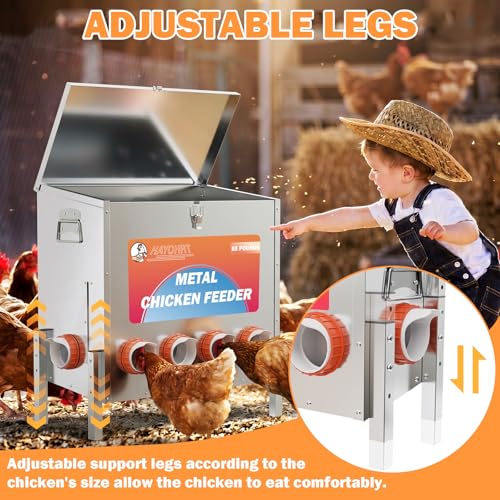 85 Pounds Automatic Chicken Feeder 6 Ports Large Gravity Fed Chicken Feeder with Adjustable Legs Perspective Window Latch & Handle for Chickens Bantams Pheasants - size: 6 Ports - 85-120 LBS with Legs