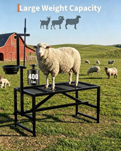 Heavy Duty 400LBS Goat Stand with Feed Bin, 35 Inch Goat Milking Stand Adjustable Headpiece & Legs, Livestock Table for Grooming, Shearing, Physical Examination, Black | Adjustable 35-Inch Platform, Headpiece & Legs, Stanchion for Grooming, Shearing, and