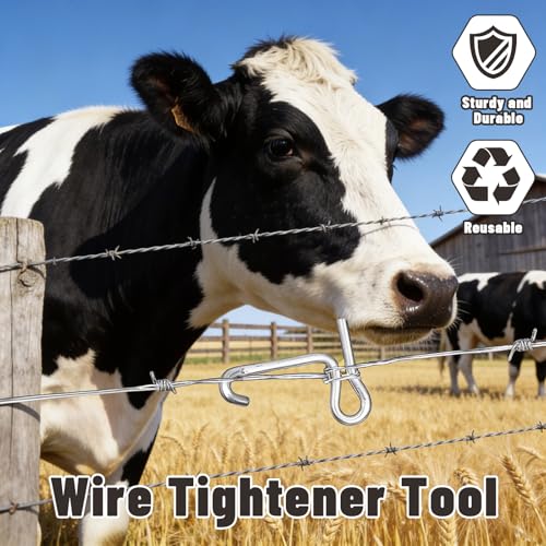 Fence Wire Tightener 1/4"20pcs Fence Wire Tightener Clips 6mm and 1PCS Tighteners Handle Fences Wires Tensioner Tool Bulk for Wires Fences Farm Garden Twisting Barbed Repair Tool