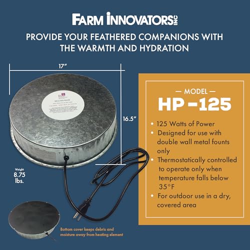 Farm Innovators 125 Watt Heated Base for Double Wall Metal Poultry Founts with 35 Degrees Fahrenheit Temperature and Below, Metallic