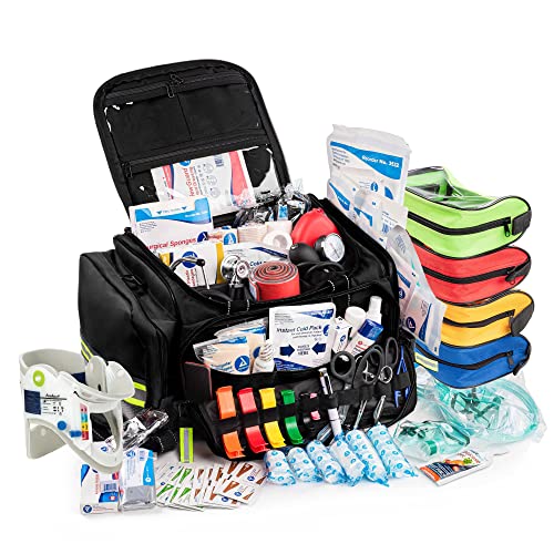 Scherber Fully-Stocked First Responder Professional Advanced EMT/EMS Trauma Kit | HSA/FSA Approved | Reflective Bag w/10+ Compartments, Zippered Pockets & 250+ First Aid Supplies (Black) - color: Black